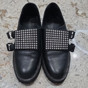 Kurt‎ Geiger Black Leather Loafers with Studded Design Side Buckle Women 6.5